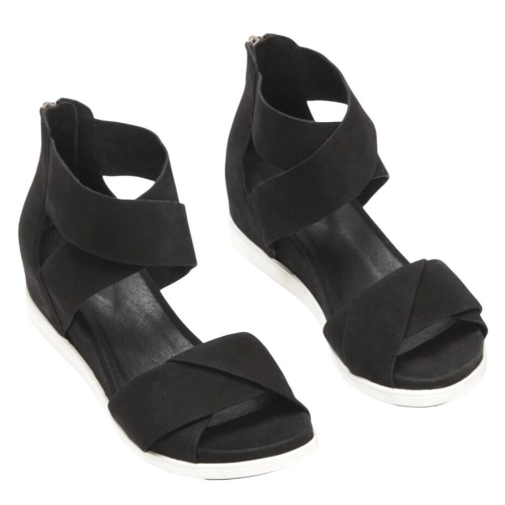 Eileen Fisher Black & White Viv Tumbled Nubuck Wedge Sandals Zipper Size 9